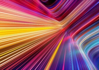 Spectrum of light rays in various colors in kinetic motion, bending upwards the image's background.