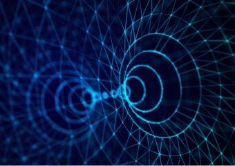 Digital illustration of a wireframe tunnel, or wormhole in 3D format, against a blue background.