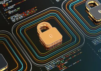 Digital security image and new protective technologies, represented by a lock on a motherboard.